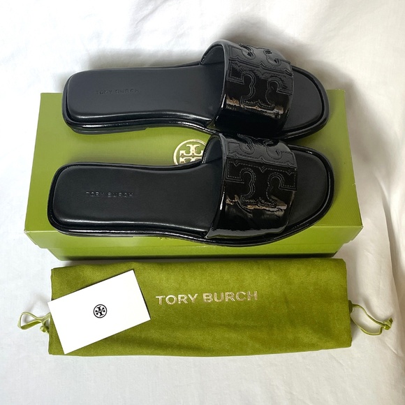 Tory Burch Double T Sport Slide Patent Leather Black Size 7 - Picture 1 of 11